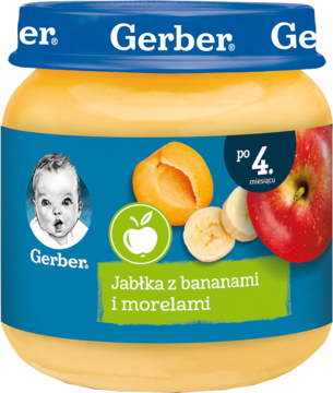 Słoik deserku Gerber Jabłka z bananami i morelami, po 4 m-cu, z niebieską etykietą, widok z przodu.