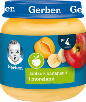 Słoik deserku Gerber Jabłka z bananami i morelami, po 4 m-cu, z niebieską etykietą, widok z przodu.