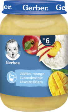 Słoik Gerber z przecierem jabłkowo-mango-brzoskwiniowym z twarożkiem, widok z przodu, dla niemowląt po 6 miesiącu.