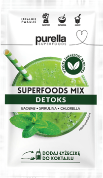 PURELLA SUPERFOODS Detoks ,mieszanka baobab, spirulina, chlorella,przód