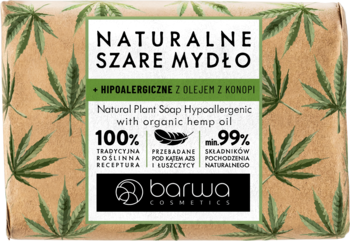 Naturalne szare mydło Barwa, hipoalergiczne z olejem konopnym, w brązowej owijce z liśćmi konopi.