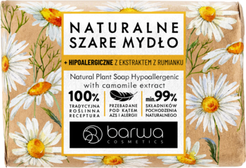 Mydło Barwa Naturalne Szare Hipoalergiczne z ekstraktem rumianku, owinięte papierem w kwiaty, widok z przodu.