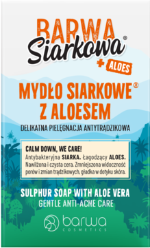 Barwa Siarkowa mydło z aloesem do cery trądzikowej, biało-niebiesko-zielone opakowanie z pomarańczowym tekstem, widok z przodu.