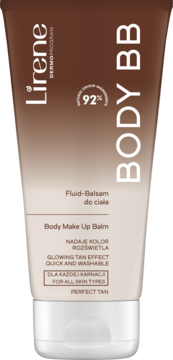 Lirene Perfect Tan Body BB Fluid-Balsam do ciała w brązowo-beżowej tubce, widok z przodu, dla każdej karnacji.