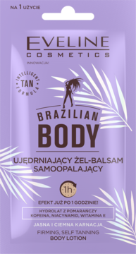 Fioletowa saszetka Eveline Brazilian Body żel-balsam samoopalający, z napisem "1h efekt", widok z przodu.