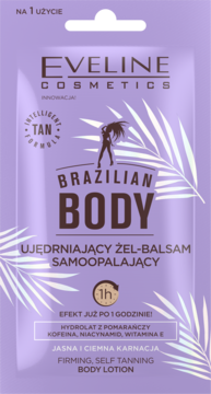 Fioletowa saszetka Eveline Brazilian Body żel-balsam samoopalający, z napisem "1h efekt", widok z przodu.