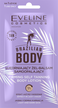 Eveline Brazilian Body ujędrniający żel-balsam samoopalający w fioletowej saszetce z palmami, widok z przodu.