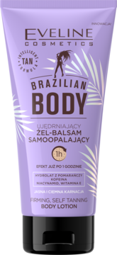 Liliowy żel-balsam samoopalający Eveline Brazilian Body z przodu, z brązowymi napisami i liśćmi palm.