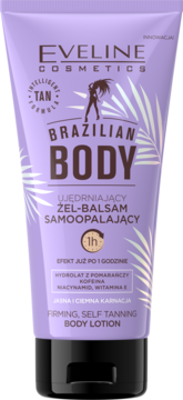 Liliowy żel-balsam samoopalający Eveline Brazilian Body z przodu, z brązowymi napisami i liśćmi palm.