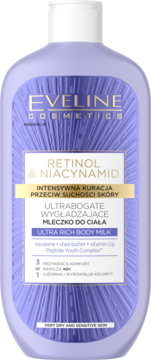Eveline Ultra Rich Body Milk Retinol & Niacynamid, fioletowa butelka z białym korkiem, do bardzo suchej skóry.