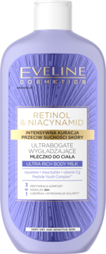 Eveline Ultra Rich Body Milk Retinol & Niacynamid, fioletowa butelka z białym korkiem, do bardzo suchej skóry.