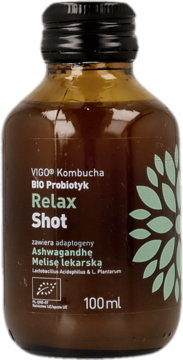 VIGO BIO Kombucha Relax Shot, bursztynowa butelka probiotyk z ashwagandhą i melisą, widok z przodu.