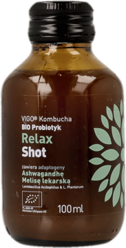 VIGO BIO Kombucha Relax Shot, bursztynowa butelka probiotyk z ashwagandhą i melisą, widok z przodu.