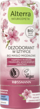 Alterra dezodorant w sztyfcie migdałowym, białe opakowanie z kwiatami wiśni, logo Vegan, widok z przodu.