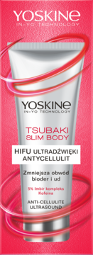Yoskine Tsubaki Slim Body antycellulitowy koncentrat w srebrnej tubce, na różowym tle. Widok z przodu.