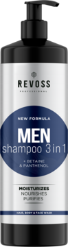 Srebrno-czarny szampon Revoss Professional Men 3w1 z betainą i pantenolem do włosów, ciała i twarzy. Widok z przodu.