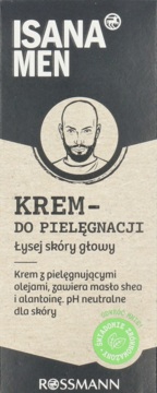 Opakowanie kremu ISANA MEN do łysej skóry głowy, szaro-beżowe, z rysunkiem brodatego mężczyzny i zielonym logo, widok z przodu.