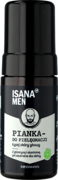 Isana Men Pianka do pielęgnacji tłustej skóry głowy, czarna butelka z białymi napisami, logo mężczyzny, widok z przodu.