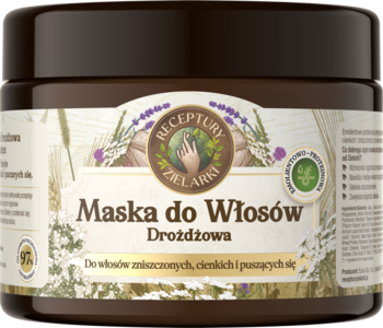 Maska do włosów drożdżowa Receptury Zielarki, ciemny słoik z kremową etykietą, widok z przodu.