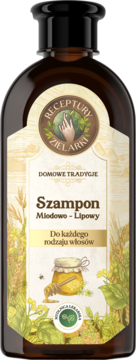 Szampon Miodowo-Lipowy Receptury Zielarki w ciemnej butelce z beżową etykietą do każdego rodzaju włosów.
