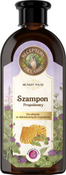 Ciemnobrązowa butelka Szamponu Propolisowego Receptury Zielarki na wypadanie włosów, widok z przodu.