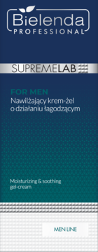 Bielenda SupremeLab For Men nawilżający krem-żel łagodzący. Granatowo-srebrne opakowanie, widok z przodu.