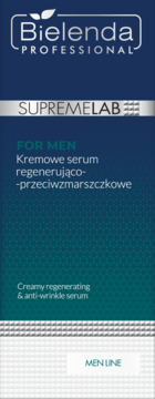 Granatowe opakowanie serum Bielenda SupremeLab For Men, kremowe serum regenerujące i przeciwzmarszczkowe.