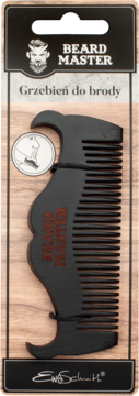Czarny grzebień Beard Master do brody i wąsów w opakowaniu, z ergonomicznym kształtem i zębami różnej gęstości.