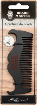 Czarny grzebień Beard Master do brody i wąsów w opakowaniu, z ergonomicznym kształtem i zębami różnej gęstości.