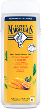 Biała butelka żelu Le Petit Marseillais Organic Mango & Passion 400ml, z żółtą etykietą i owocami.