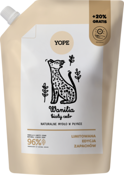 Refill YOPE naturalne mydło w płynie, wanilia i biały cedr, biała saszetka z ilustracją lamparta, widok z przodu.