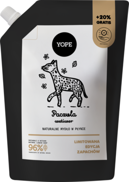 YOPE naturalne mydło w płynie paczula wetiwer, czarny refill z grafiką hieny, 96% składników naturalnych.