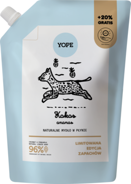 YOPE mydło w płynie Kakos ananas, jasnoniebieska saszetka uzupełniająca z białym wzorem psa i ananasów, +20% GRATIS.