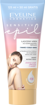 Eveline Sensitive Epil łagodny krem do depilacji, tubka 125+50ml, niebiesko-różowa z grafiką kobiety.