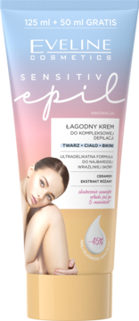 Eveline Sensitive Epil łagodny krem do depilacji, tubka 125+50ml, niebiesko-różowa z grafiką kobiety.