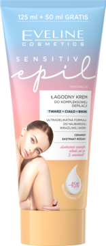 Eveline Sensitiv Epil łagodny krem do depilacji 175ml dla wrażliwej skóry, tubka z wizerunkiem kobiety.