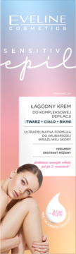 Eveline Sensitiv Epil krem do depilacji dla wrażliwej skóry. Opakowanie z kobietą, ceramidami i ekstraktem różanym.