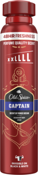 Czerwony dezodorant Old Spice Captain o morskim zapachu, widok z przodu, z napisem 48HR FRESHNESS.