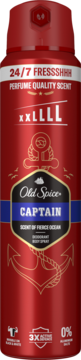 Czerwony dezodorant w sprayu Old Spice Captain, Fierce Ocean, 48h świeżości. Widok z przodu, czarno-niebieska etykieta.