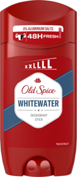 Czerwony dezodorant w sztyfcie Old Spice Whitewater, widok z przodu. Etykieta: 0% aluminium, 48H Fresh.
