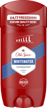 Czerwony dezodorant Old Spice Whitewater w sztyfcie, z etykietą 'PERFUME QUALITY SCENT', widok z przodu.
