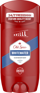 Czerwony dezodorant Old Spice Whitewater w sztyfcie, z etykietą 'PERFUME QUALITY SCENT', widok z przodu.