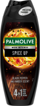 Palmolive Men Intense Spice Up 4-in-1 shower gel. Black bottle, fiery label with black pepper and amber scent.