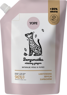 Różowy doypack Yope mydła Bergamotka i świeży pieprz, z ilustracją cętkowanego psa, edycja limitowana.