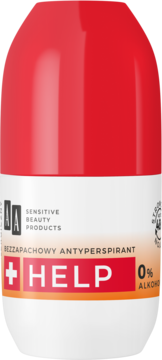 AA Help Bezzapachowy Antyperspirant roll-on, biało-czerwona butelka z napisem HELP, 0% ALKOHOL, dla wrażliwej skóry.