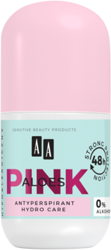 Antyperspirant AA Pink Aloes Hydro Care w białej butelce z różową nakrętką, widok z przodu.