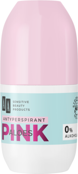 Antyperspirant AA Aloes Pink, różowo-niebieski roll-on nawilżający, 0% alkoholu, widok z przodu.