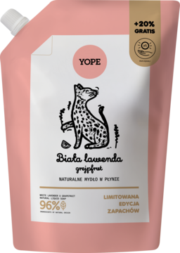 Różowa saszetka uzupełniająca mydła YOPE Biała lawenda grejpfrut, z rysunkiem lamparta, 20% gratis.