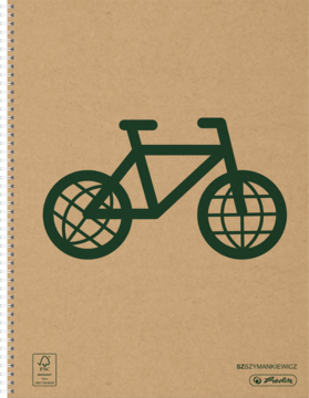 Brulion A4 Herlitz, kraftowa okładka, zielony rower z kołami-globusami, symbol eko i czystego transportu.