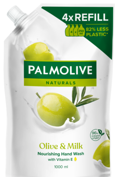 Saszetka Palmolive Naturals Olive & Milk 1L, mydło w płynie 4x REFILL, 82% mniej plastiku, widok z przodu.